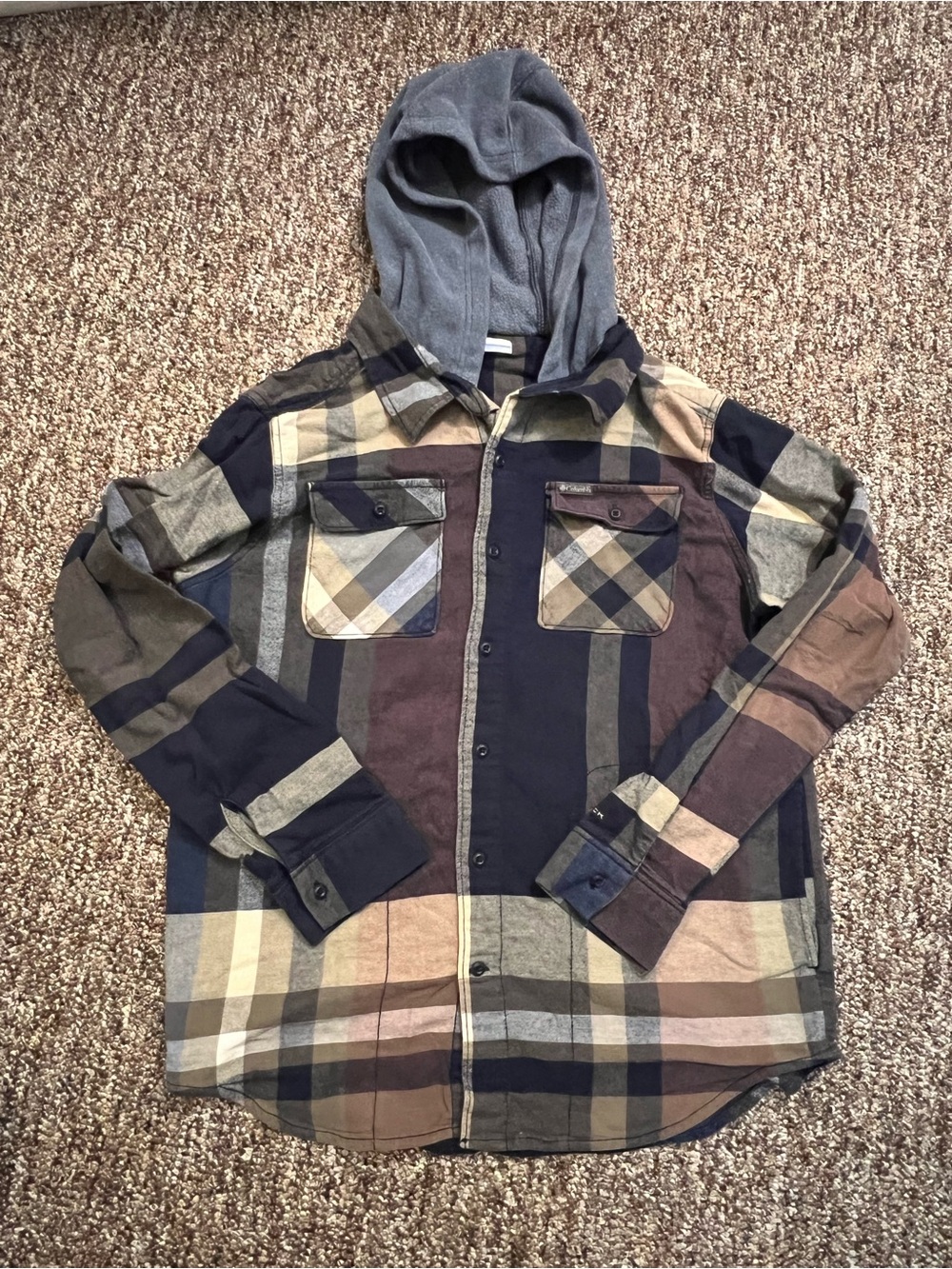 Colombia Men’s Hooded Fleece Long Sleeve Outdoor Plaid Pockets Flannel Medium